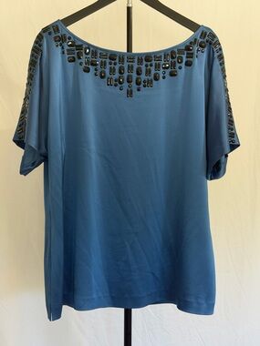 St. John Blue Satin-Like Embellished Top – Size XL – Black Gem Detail